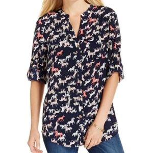 Charter Club Women's Tunic Blouse, Horse Print, Navy Blue, Size M